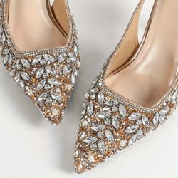 Women's Champagne Rhinestone Pointed Toe Stiletto Heels – Elegant Slingback Pumps for Weddings, Parties, and Formal Banquets