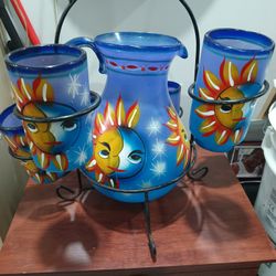 Mexican Hand Crafted Pitcher and Glass Set