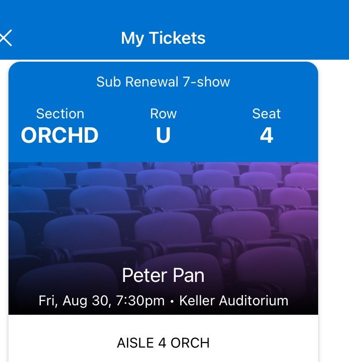Two tickets to Peter Pan At Keller Auditorium- August 30th at 7:30 pm