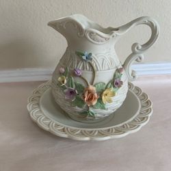 Lefton Antique Ivory Hand Painted Floral Porcelain Pitcher and Plate Set KW8244