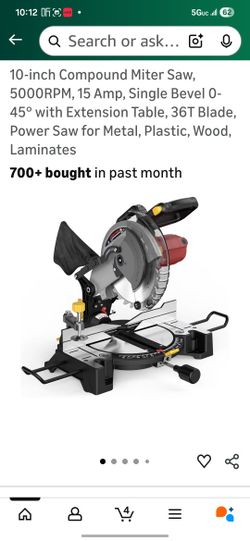 10-inch Compound Miter Saw, 5000RPM, 15 Amp, Single Bevel 0-45° with Extension Table, 36T Blade, Power Saw for Metal, Plastic, Wood