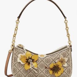 $250 NWOT Tory Burch T Monogram Floral-Appliqué Shoulder Bag Purse 10"W x 6"H