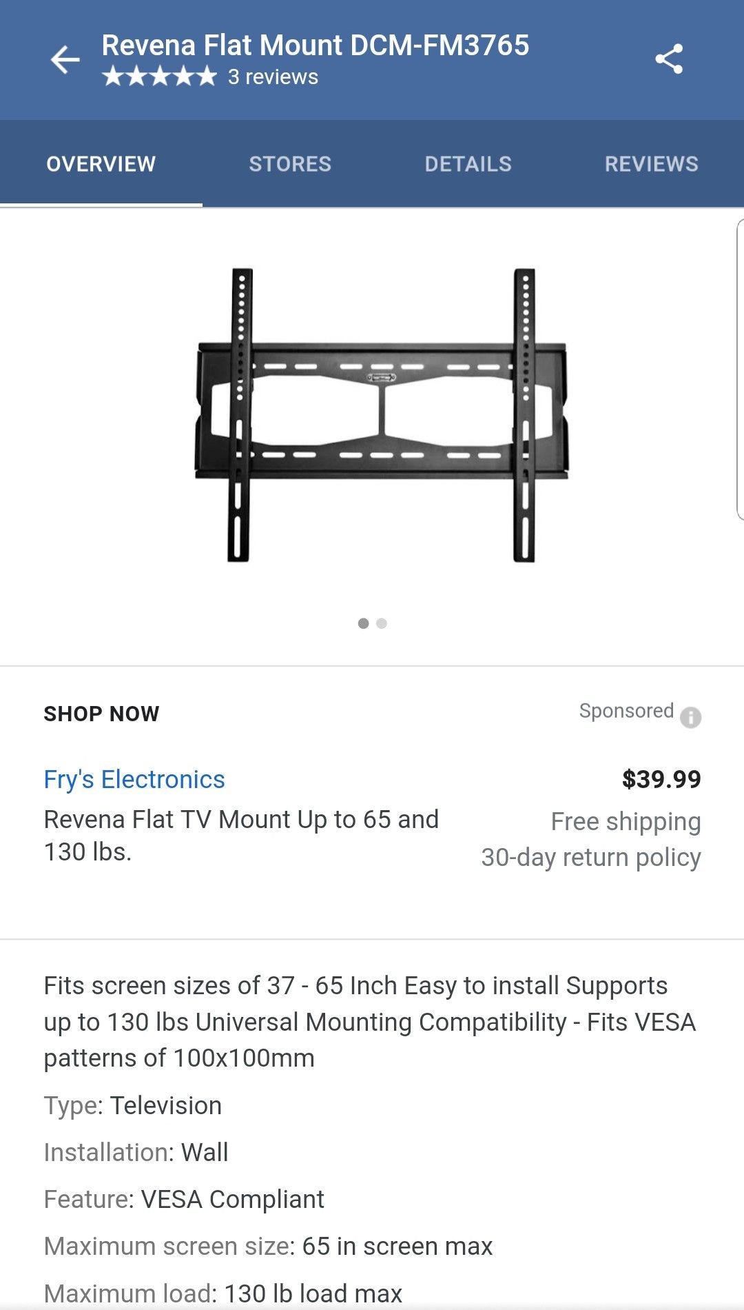 Flat Screen TV Mount, Wall mount for TV, Fits 37"-65" Flat Screen Televisions