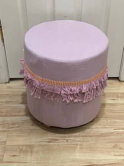 New 16” Round Lavender Purple Fabric Ottoman Pink Fringe Foot Stool Pouf