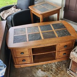 Three Piece Living Room Set. Coffee Table,Tv Stand And End Table. Solid Wood, Slate Inlays On All Piece's.Price To Sell ..