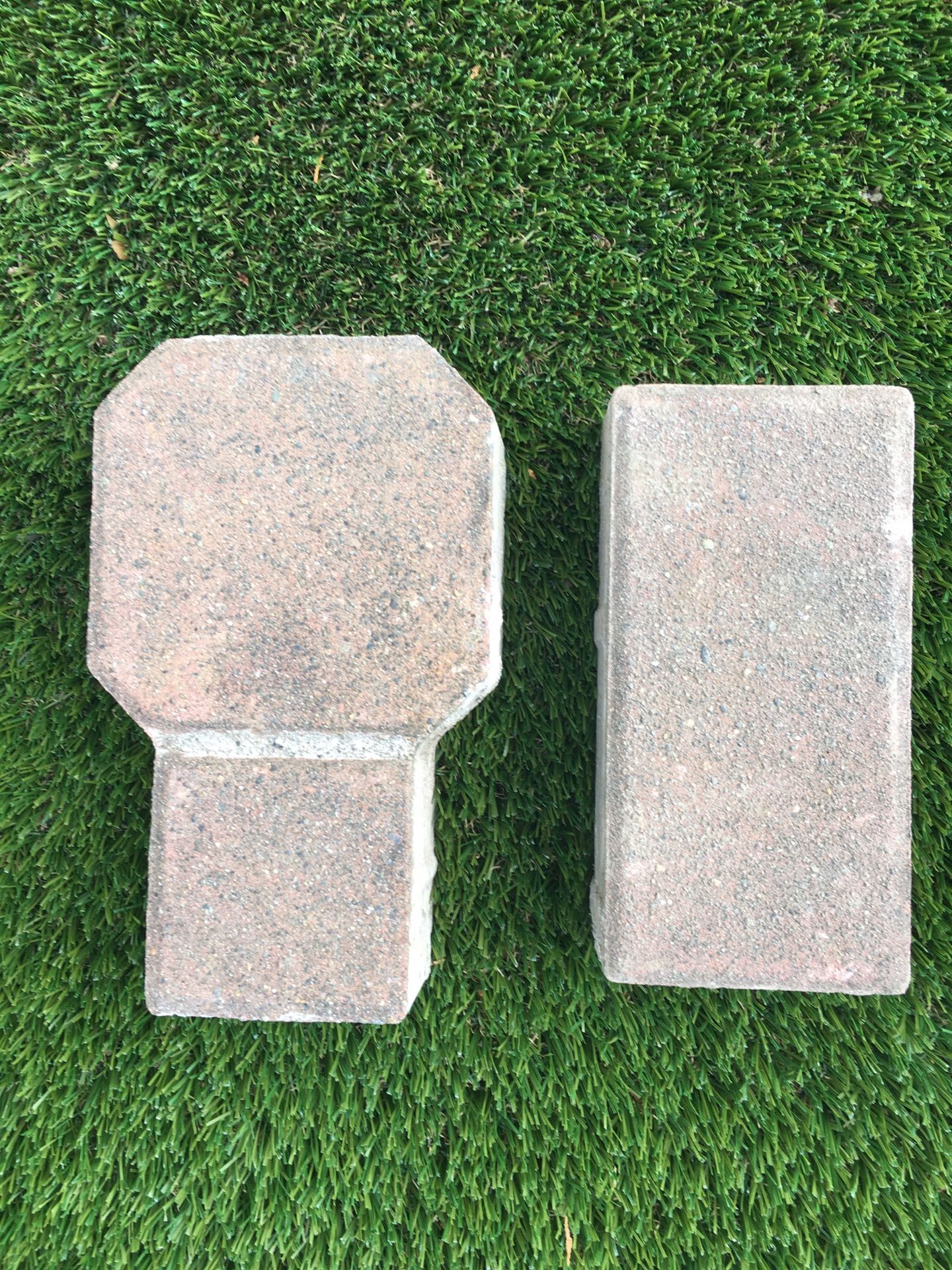 Concrete tan pavers. 175 octagon. 80 rectangle. Priced at Home Depot $1.55 ea. octagon and $.58 rectangle.