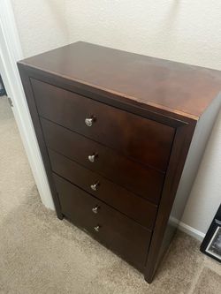 Matching Dark Wood Bedroom Set – 5 Drawer Chest + 2 Drawer Nightstand – $150 OBO