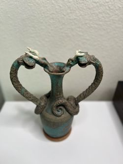 Studio Art Pottery-Dragon Vase - Hand - Sculpted Double Dragon - Artist Stamped