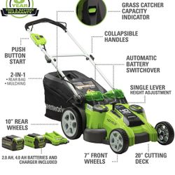 Greenworks 40V 20-Inch Cordless (2-In-1) Push Lawn Mower, 4.0Ah + 2.0Ah Battery and Charger Included