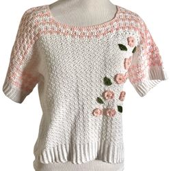 Hand Made Crocheted Sweater W Flower Pearl Detail Pink White Womens Small