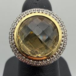 David Yurman 925 Sterling silver & 18k yellow gold Natural 7.5Ct Lemon Quartz 0.65CTW Diamond ring sz6