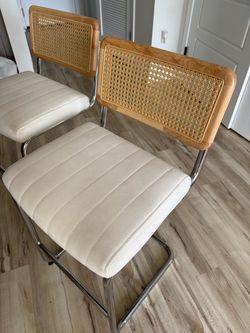 Set of 2 Mid-Century Modern Rattan Dining Chairs – Cream Upholstery & Chrome Legs