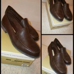 NEW IN BOX SLIP-ON SLIDE ON JOAN PARQUET BROWN LEATHER LOAFER DRESS SHOE SANDALS SIZE WOMEN'S 8M