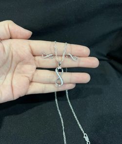 925 Sterling Silver CZ Infinity Eternity Pendant Mariner Necklace & Earrings SET