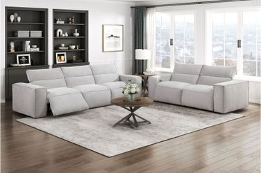 New light gray textured microfiber motorized sofa+loveseat/sectional w USB charging ports and high-density foam seat cushions with down blend topper