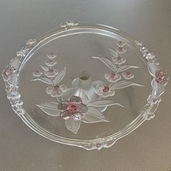 12” Cake Stand Dish Server Plate Glass Crystal Floral Flowers Serving Decor