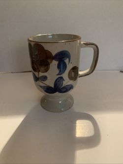 1970 Fred Roberts Japan Mid Century Footed Coffee Mugs Blue Flowers Stoneware