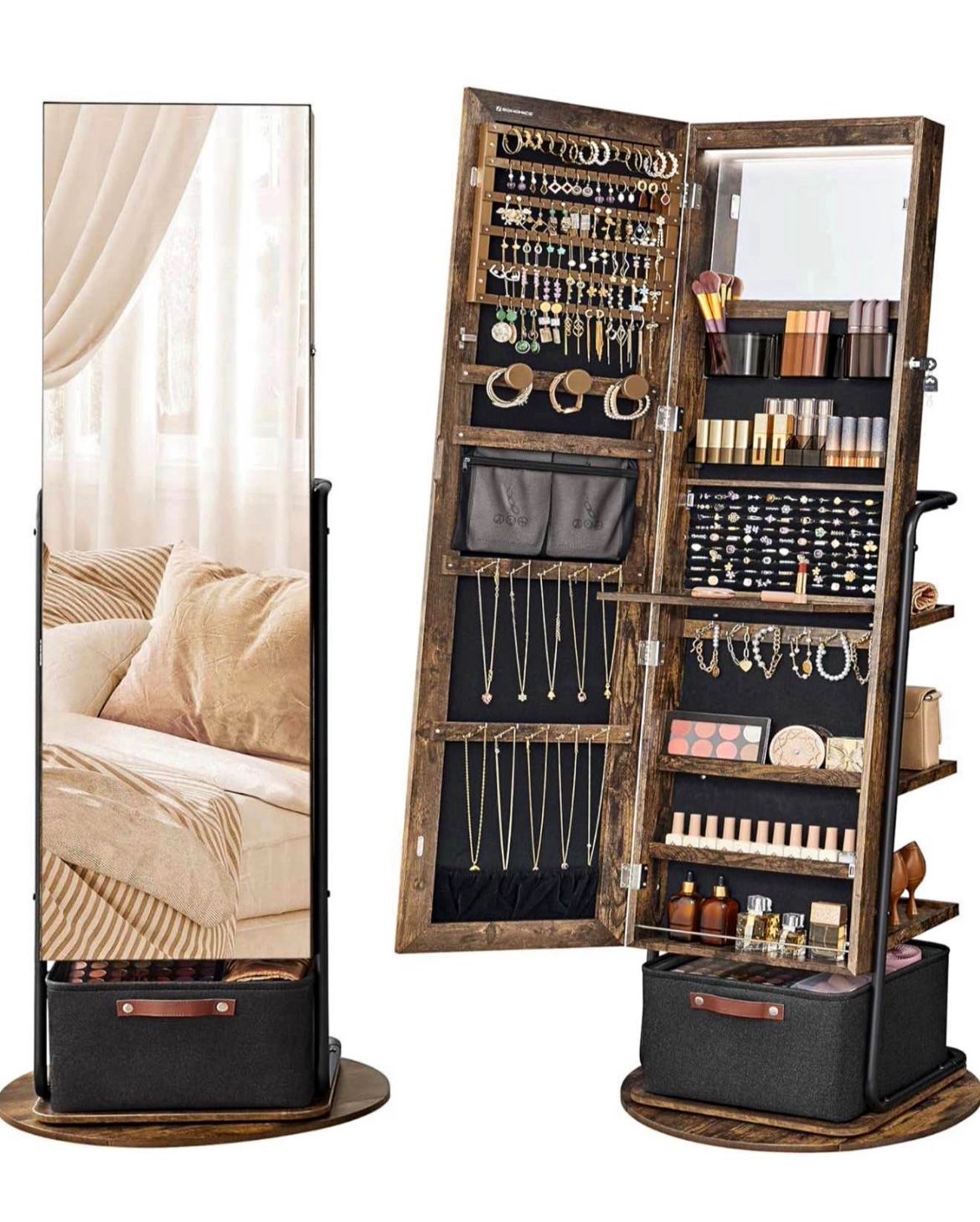 360° Swivel Mirrored Jewelry Cabinet with Lights, Full-Length Mirror with Jewelry Storage, Standing Jewelry Armoire Organizer, with Large