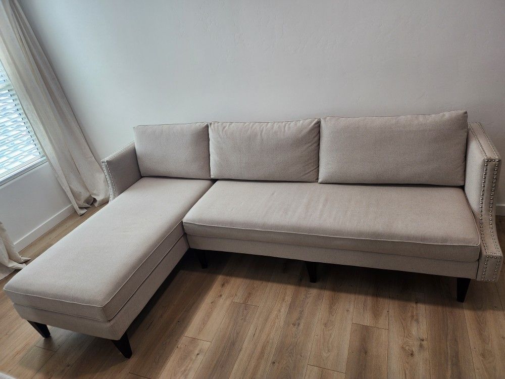 Beautiful Beige Sectional Sofa w/ Chaise and Nailhead Trim