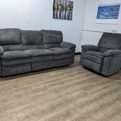 Contemporary Grey Fabric Recliner Couch and Chair Set