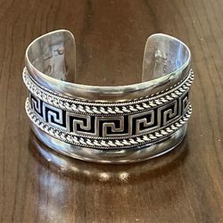 7 1/4” wide cuff greek key cuff bracelet, 935 sterling silver, twisted rope detail, $240