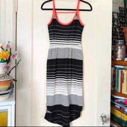 Midi Dress | Striped Black and White with Bright Neon Orange Spaghetti Straps Size Small Cami Dress