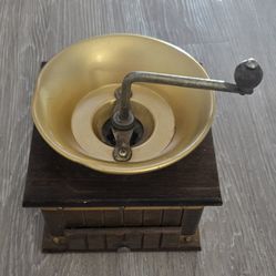 Vintage Japanese Made Wood and Brass Metal Coffee Grinder Mill