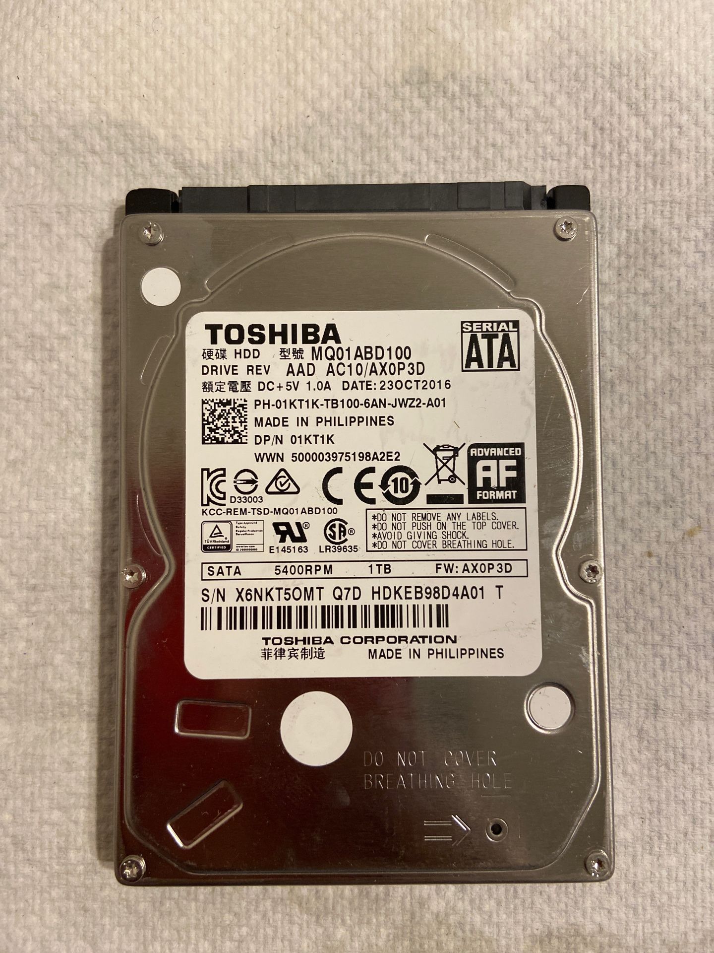Toshiba ATA 1TB 2.5” laptops hard drive