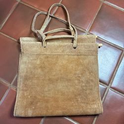 Vintage Suede Leather Firewood Log Carrier Tote Brown Double Handled 32” X 17”