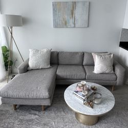 West Elm Eddy 90” Reversible Sectional – Pearl Gray + Optional Marble Coffee Table & Rug