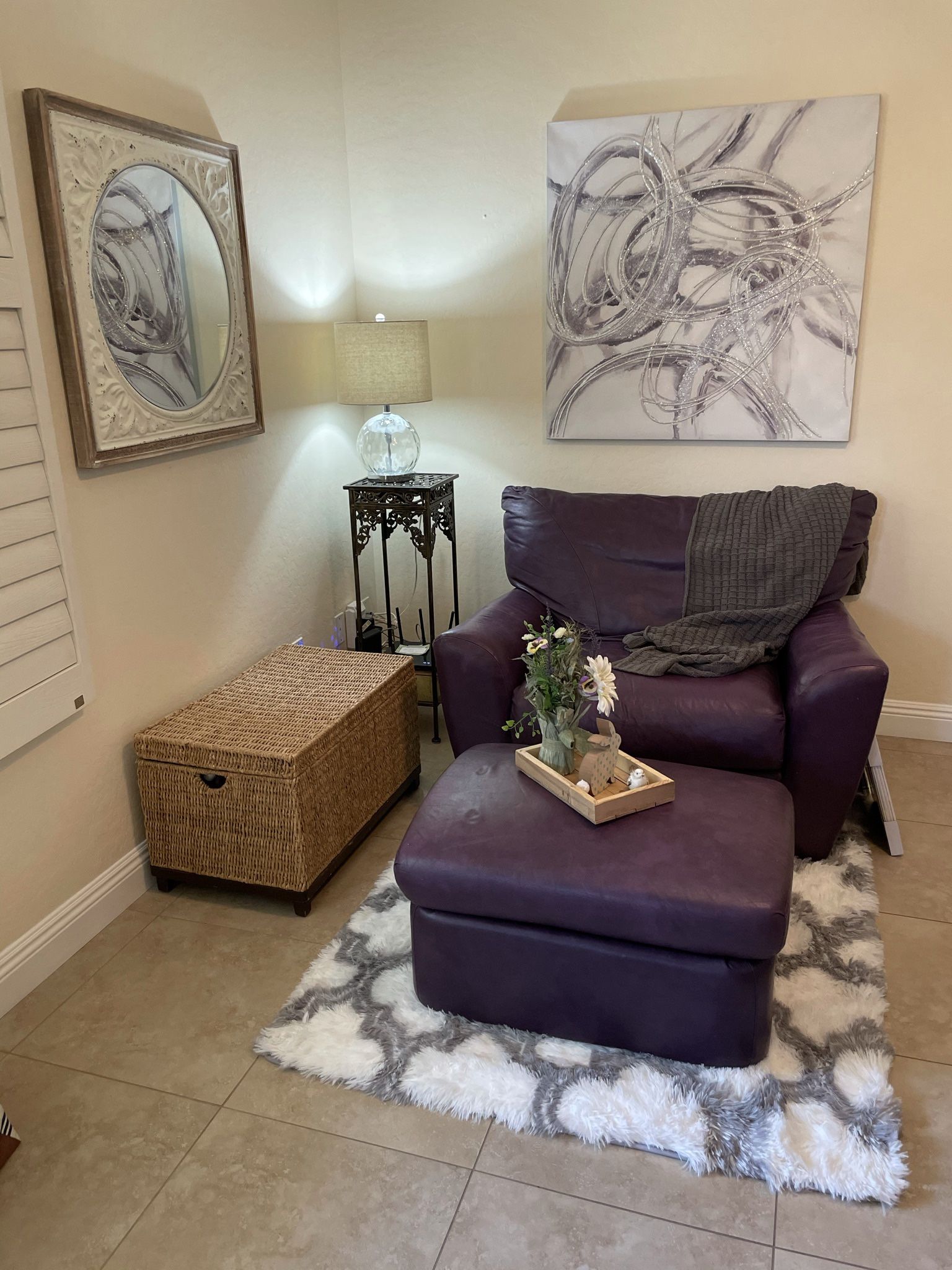 Lane Leather Oversized Purple Arm Chair & Ottoman