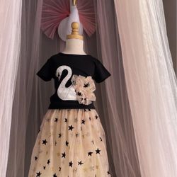 Girls Swan Glitter Stars Princess T-Shirt Tops Tulle Skirt Outfit Size 3T