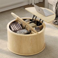 Fluted Round Coffee Table with Lifting Top, 32inch natural Oak Circle Coffee Table with Storage for Living Room.