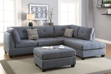 BLUE GREY REVERSIBLE SECTIONAL POLYFIBER SOFA COUCH CHAISE OTTOMAN
