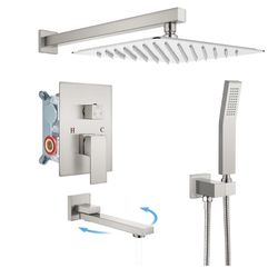 gotonovo Tub Shower Faucet Set with Valve Kit 10’’ Head,Brushed Nickel Shower System with Tub Spout,SUS304 Rain Head with Handheld Sprayer,Swivel Spou