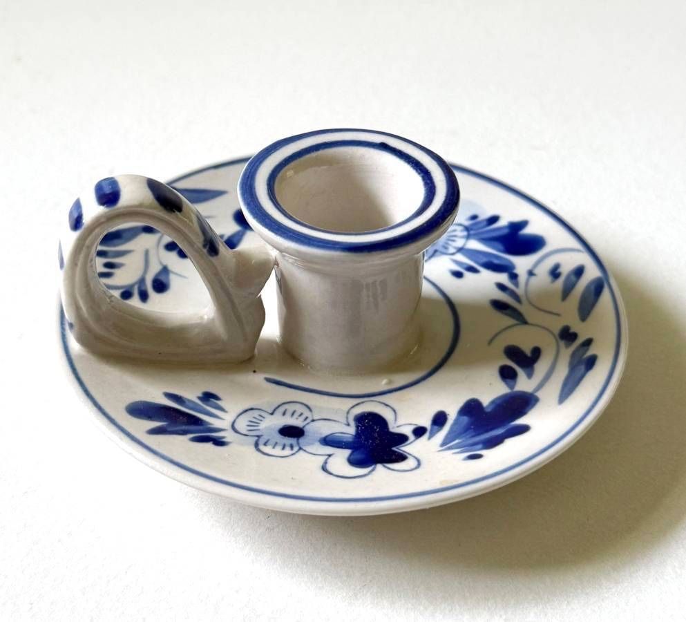 Delft Blue White Hand Painted Porcelain Chamber Candle Holder