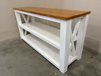 PIER 1 IMPORTS White Farmhouse 3 Tier Console Table with Rustic Plank Style Top