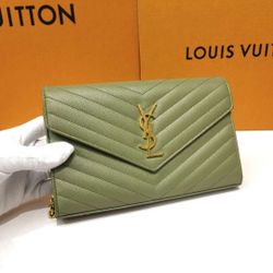 Yves Saint Laurent Light Sage Chevron Quilted Grained Leather Envelope Wallet on Chain Bag