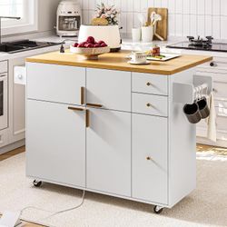 53'' Kitchen Island with Drop Leaf & Power Outlet, Kitchen Island on Wheels with 3 Drawers and Pull Out Rack Organizer, Rolling Kitchen Carts for Kitc