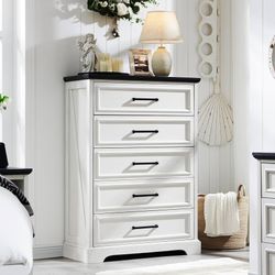 E946 $140  Farmhouse 5 Drawers Dresser Chests for Bedroom,46" Tall Wood Rustic Chest of Drawers with Wide Metal Handle,Natural Texture,Drawer Organize