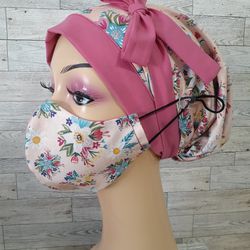 Pink Surgical Scrub Hat Set Reversible Ponytail Style Doctor Nurse Chemo Chef Cotton Bouffant Head Wrap With Buttons 