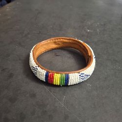 Vintage 80's Mauritania African Beaded Leather Bangle Bracelet With Colorful Beadwork, Boho Styling 2 3/8" Opening