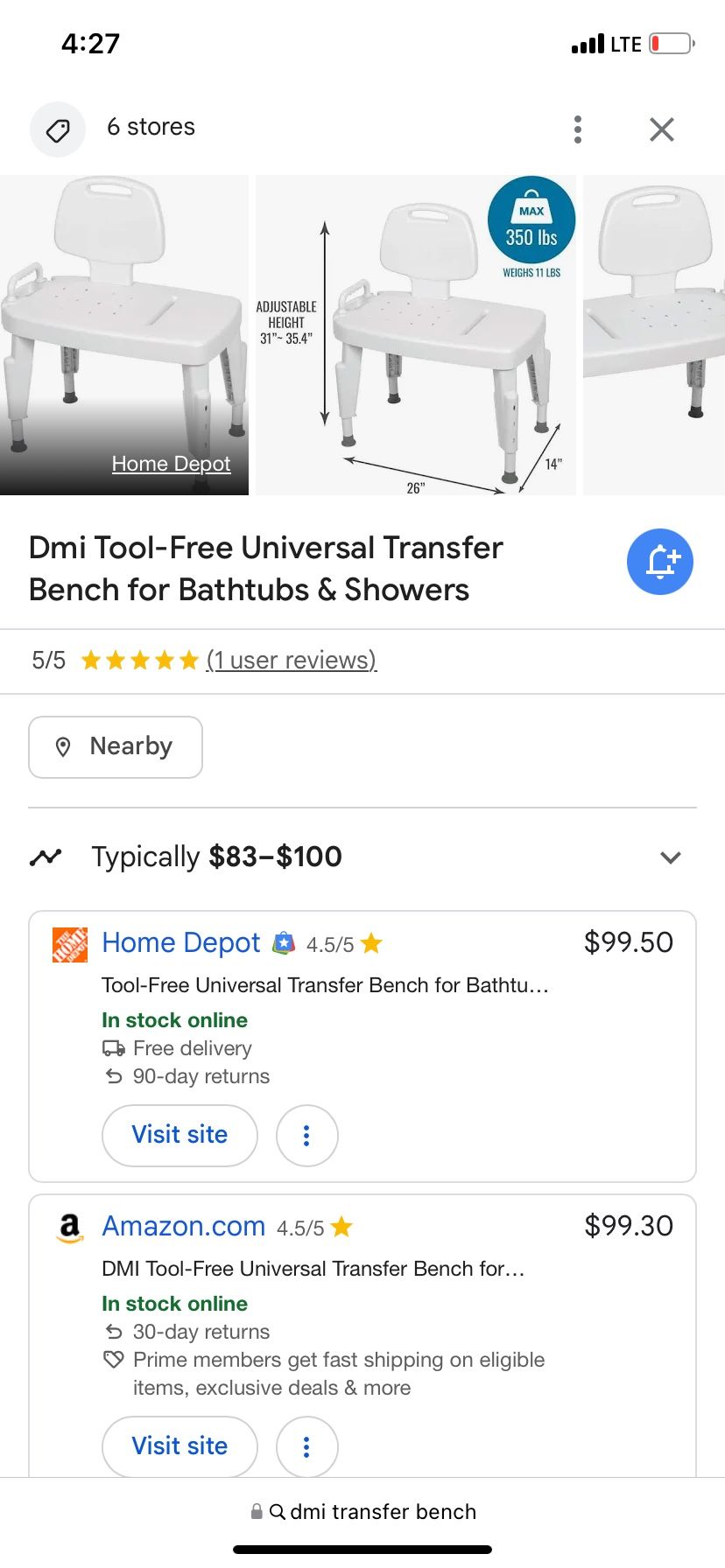 DMI Tool-Free Transfer Bench - Tub Bench With Backrest For Bathtubs + Showers