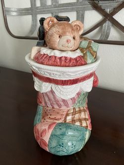 Fitz and Floyd Christmas Quilt Stocking Cookie Jar