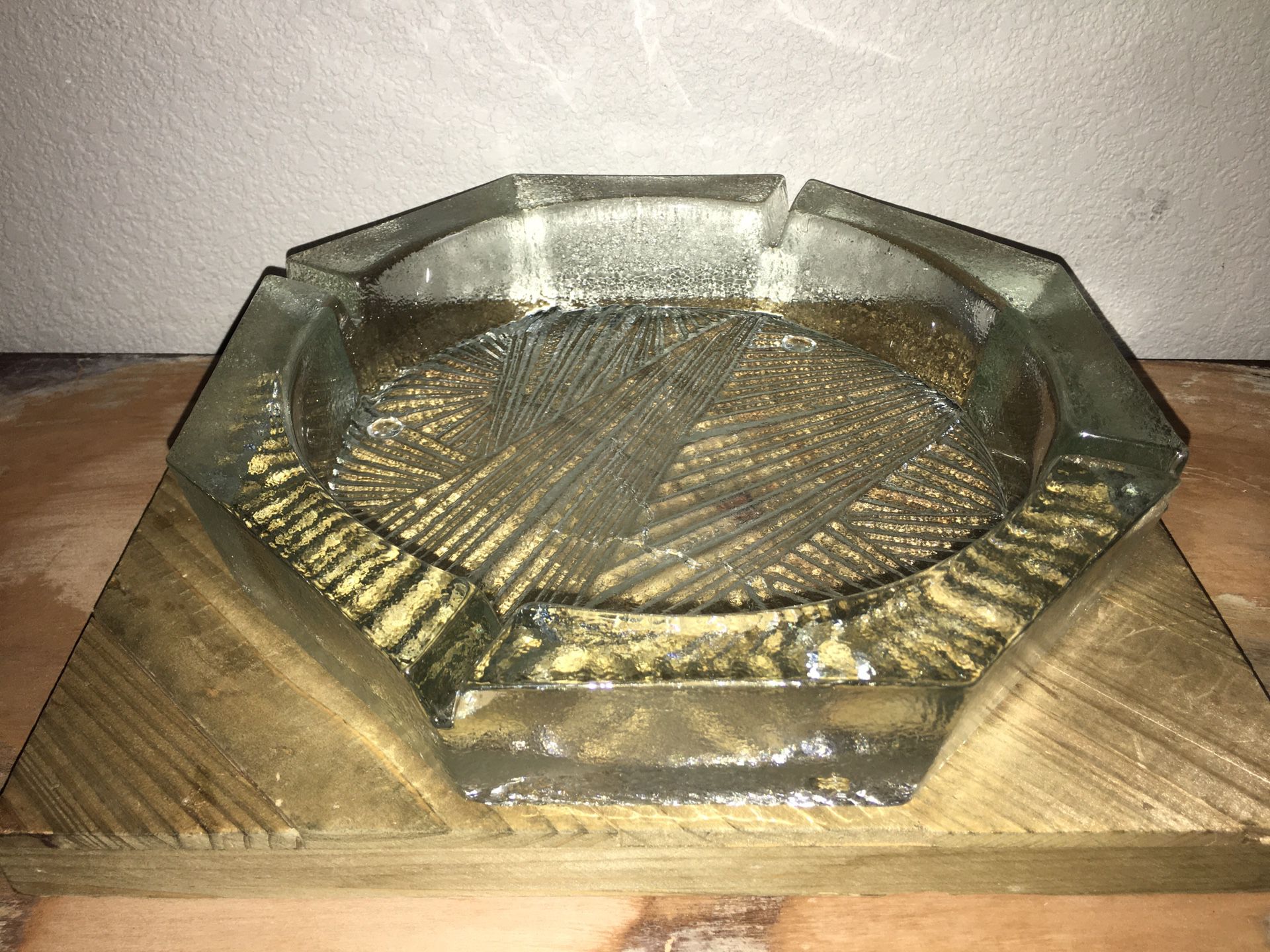 Vintage 9.75” heavy glass octagonal 8 sided 5 lb ashtray
