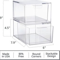 Stackable Clear Bin Plastic Organizer Drawers | 2 Piece Set 