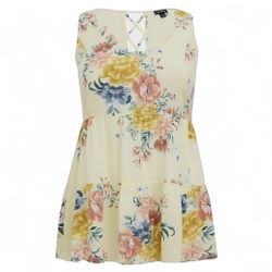 Torrid Pastel Yellow Challis Floral Tiered Lattice Back Tunic Tank Top