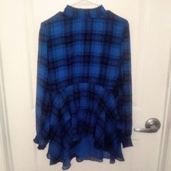 Torrid Blu & Blk Plaid Patt. Women's Chiff. Poly. Mock Neck Top W/Ruffles Sze 2