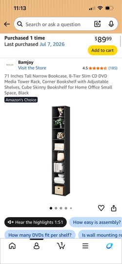 71” black tall narrow bookcase shelf