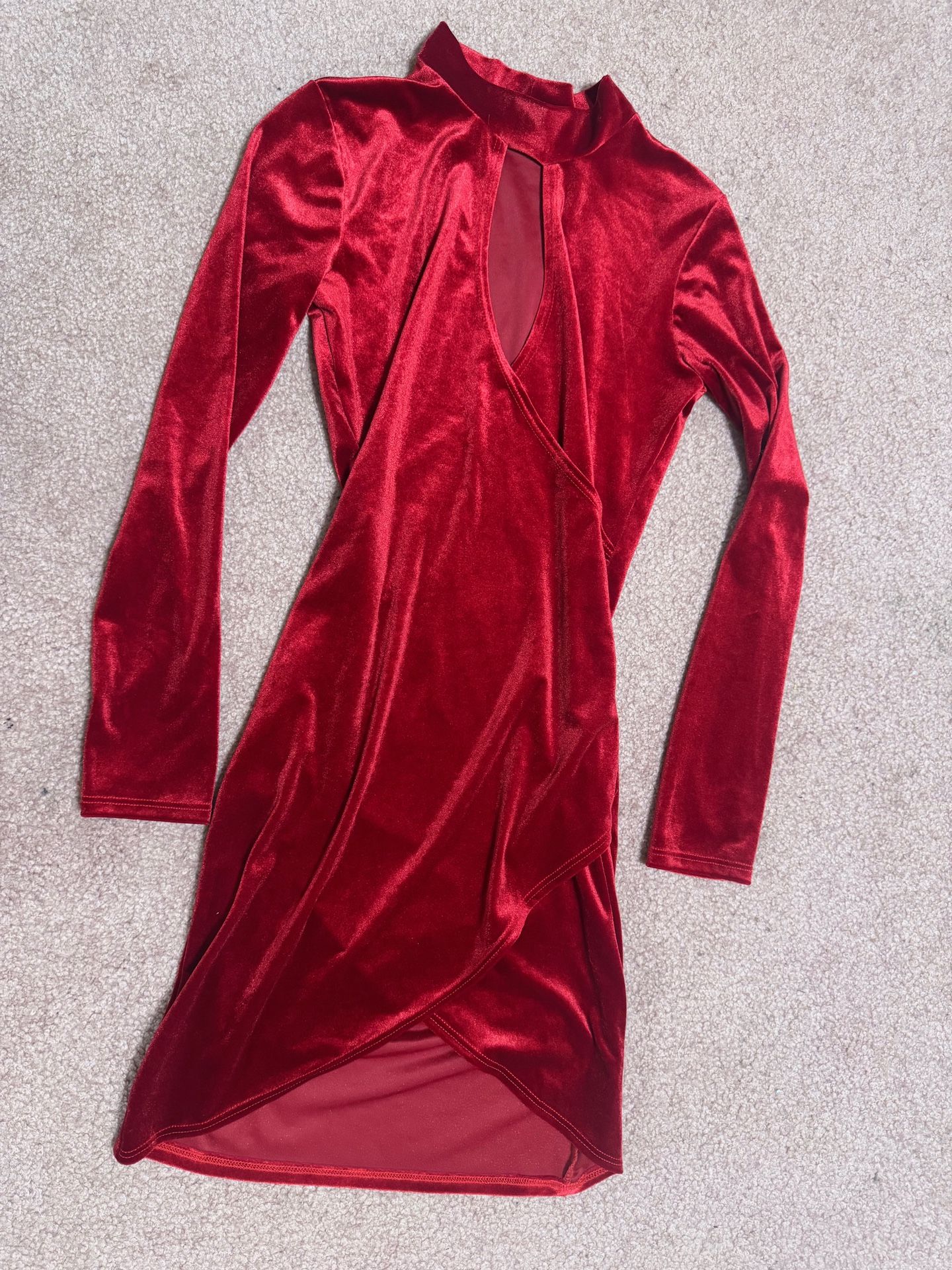 New small red velvet stretchy long sleeve short evening cocktail dress
